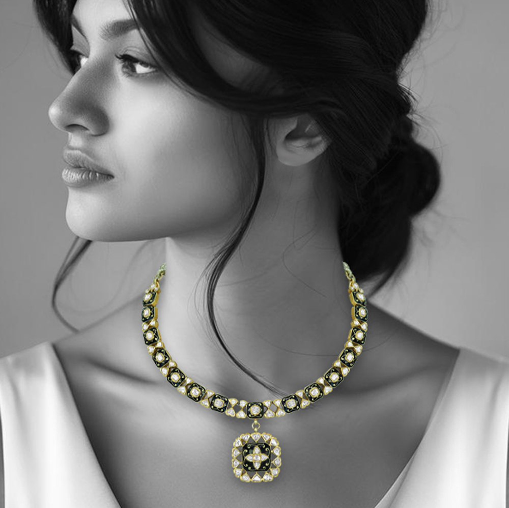 Polki Necklace with Black Enamel Squares and Central Pendant